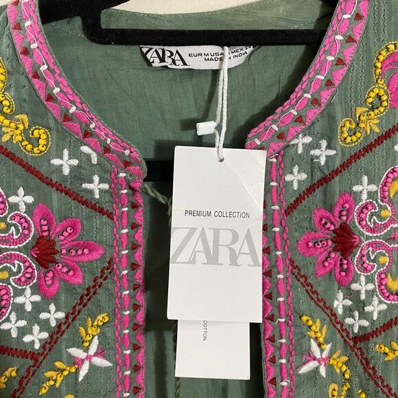 Zara Womens Size Medium Embroidered Kimono Cape Cardigan Green Pink Tie Neck NWT - Picture 9 of 10